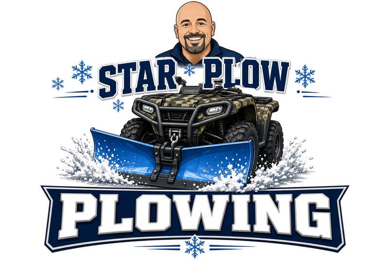 Star Plow logo: camo ATV with a blue snow plow, Plowing